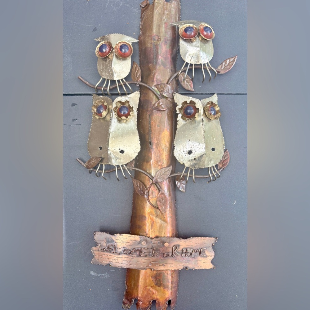 Vintage 1970s Metal Owl Wall Art Welcome Sign Hong Kong Decor
